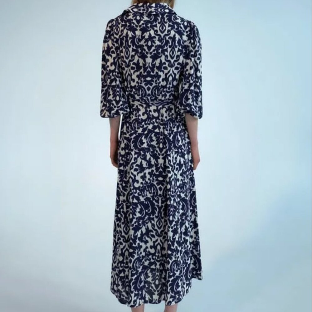 Zara Navy and White Long Sleeve Printed Midi Dress - Picture 3 of 7
